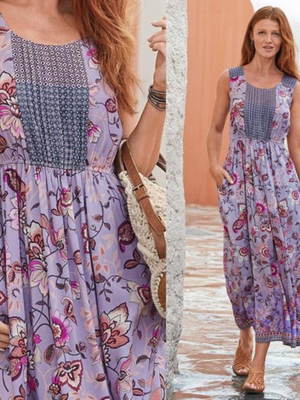 Sundance Maxi Dress Medium Floral Geometric Mixed Print Sleeveless Pockets Boho